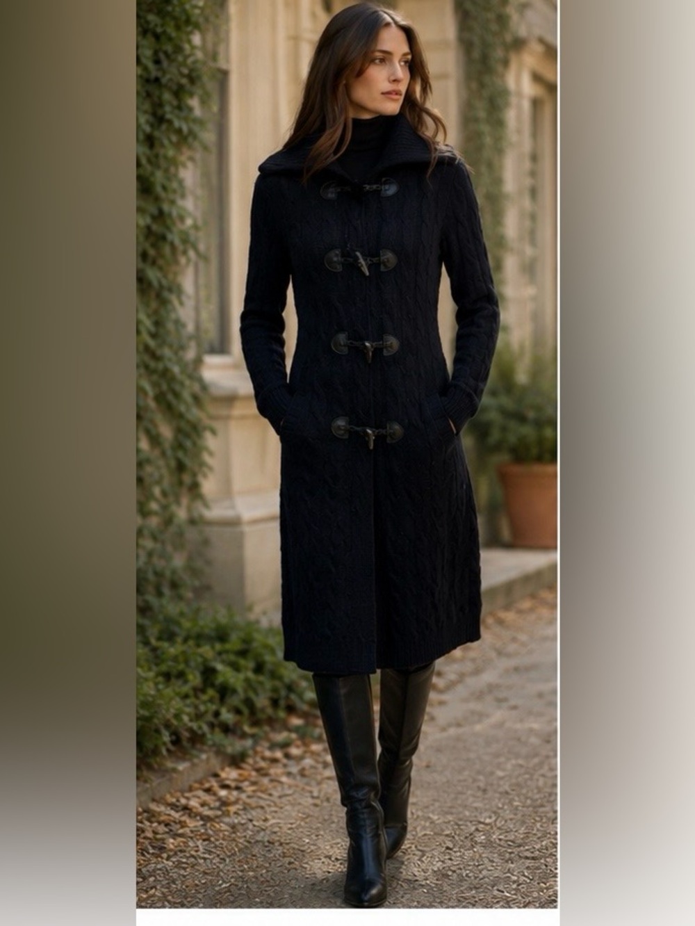 Ralph Lauren Cashmere Black Label Long Cable Knit Toggle Sweater - Navy- S
